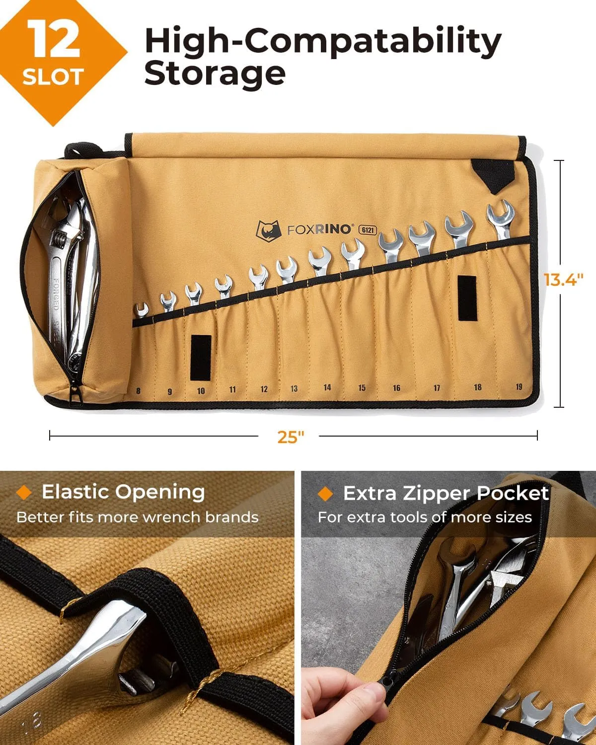 Wrench Roll, Wrench Roll Up Pouch, Gifts for Men Father Dad Mechanic, Heavy Duty Canvas Wrench Organizer Bag (Brown, 12 1 Metric)