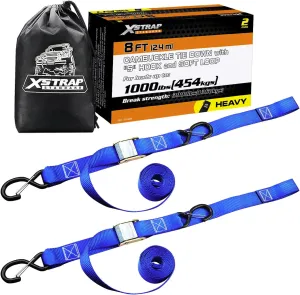 XSTRAP STANDARD Motorcycle Tie Down Straps- (2 Pack) 3,000lb Break Strength, 1.5 IN X 8FT Heavy-Duty Cambuckle Tie Down Set with S Hook and Soft Loops, Handlebar Strap for Dirt Bike, Kayak, Boat, Blue