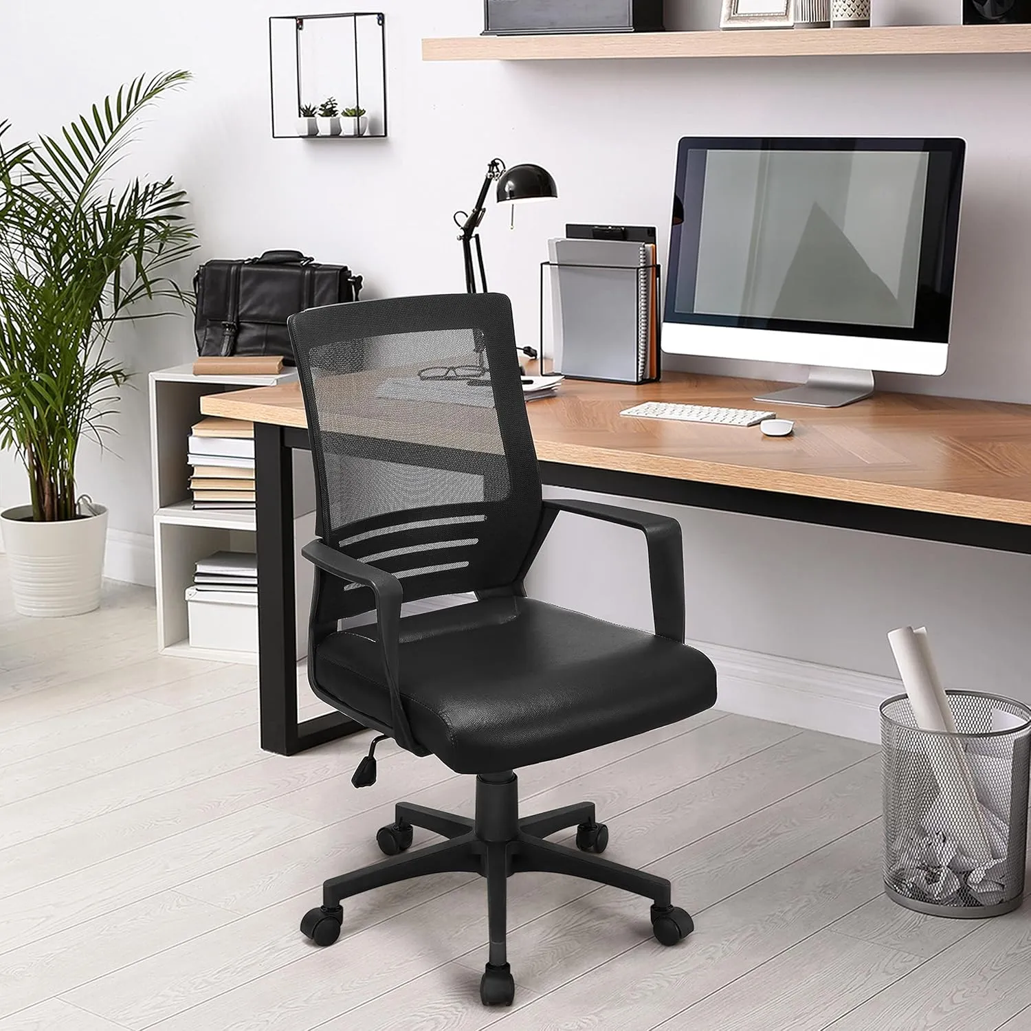 Yaheetech Mid Back Mesh Office Chair with Leather Seat Executive Office Computer Task Chair with Armrests and Lumbar Support, Black