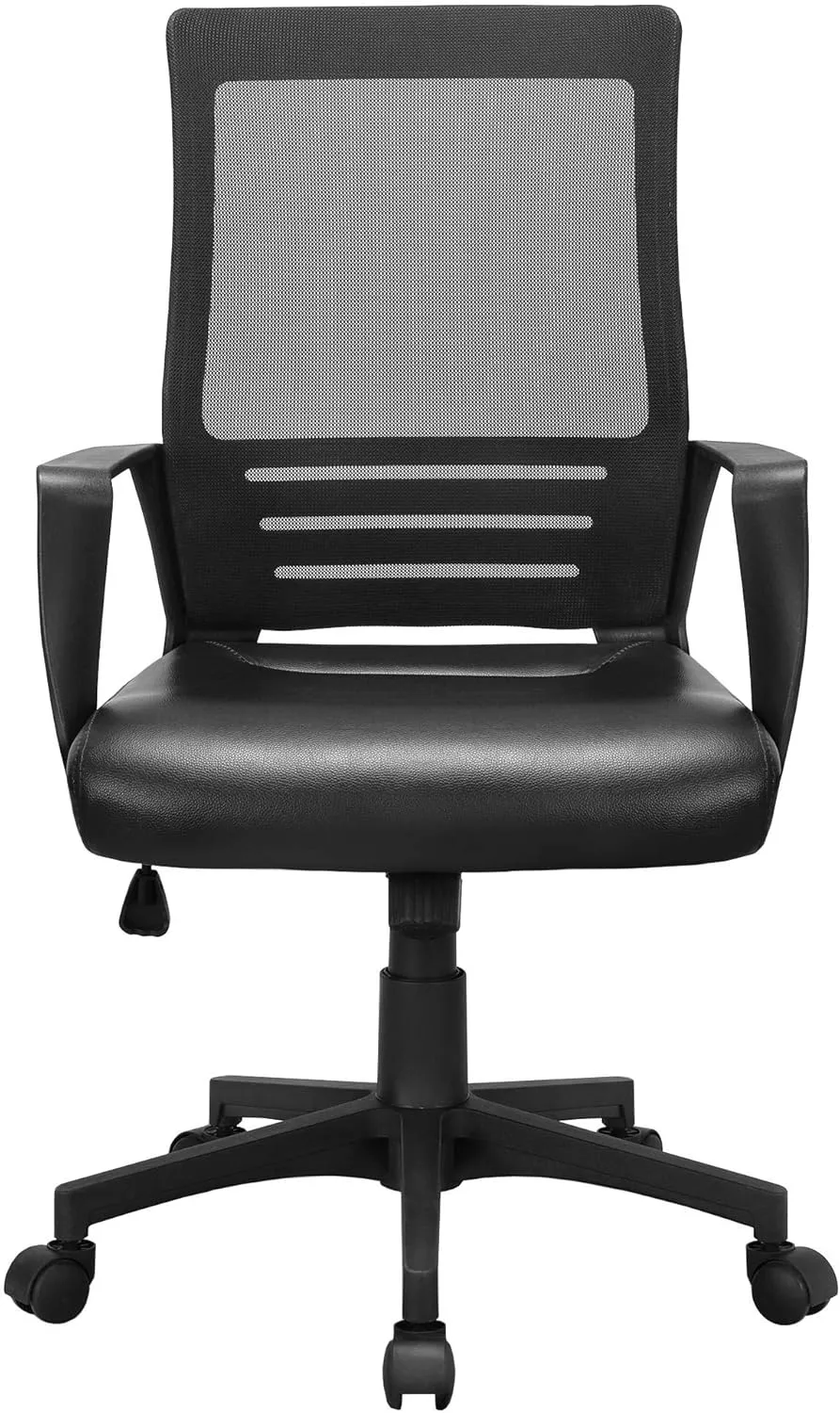 Yaheetech Mid Back Mesh Office Chair with Leather Seat Executive Office Computer Task Chair with Armrests and Lumbar Support, Black