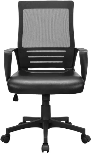 Yaheetech Mid Back Mesh Office Chair with Leather Seat Executive Office Computer Task Chair with Armrests and Lumbar Support, Black
