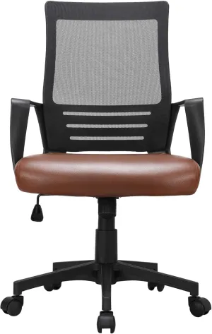 Yaheetech Mid Back Mesh Office Chair with Leather Seat Executive Office Computer Task Chair with Armrests and Lumbar Support, Brown