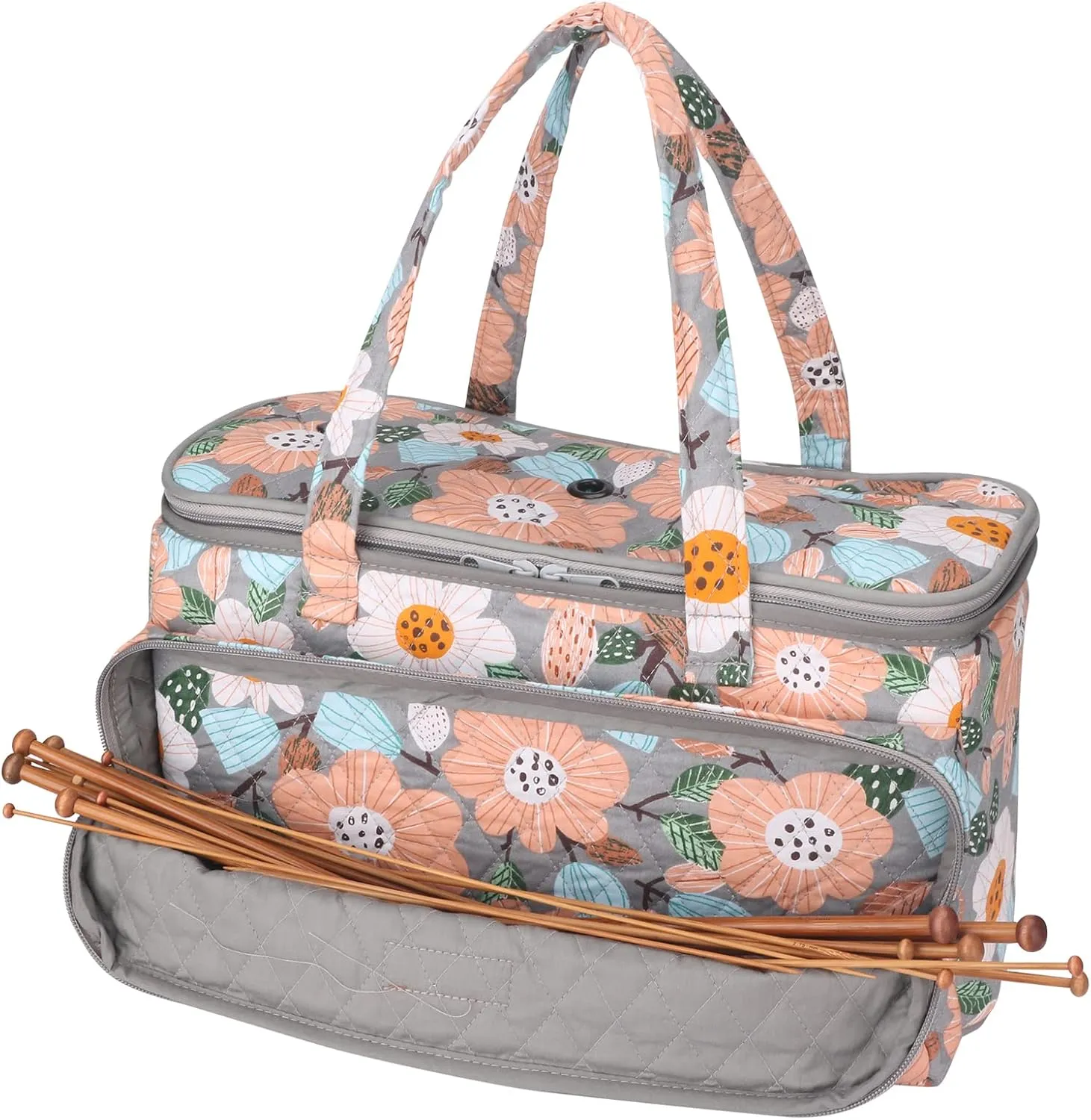 Yarn Bag-Large Size-Yarn Storage Organizer with Grommets-Portable Crochet Bag for Yarn Skeins-Crochet Hooks-Knitting Needles -Other Accessories (Flower-Grey)
