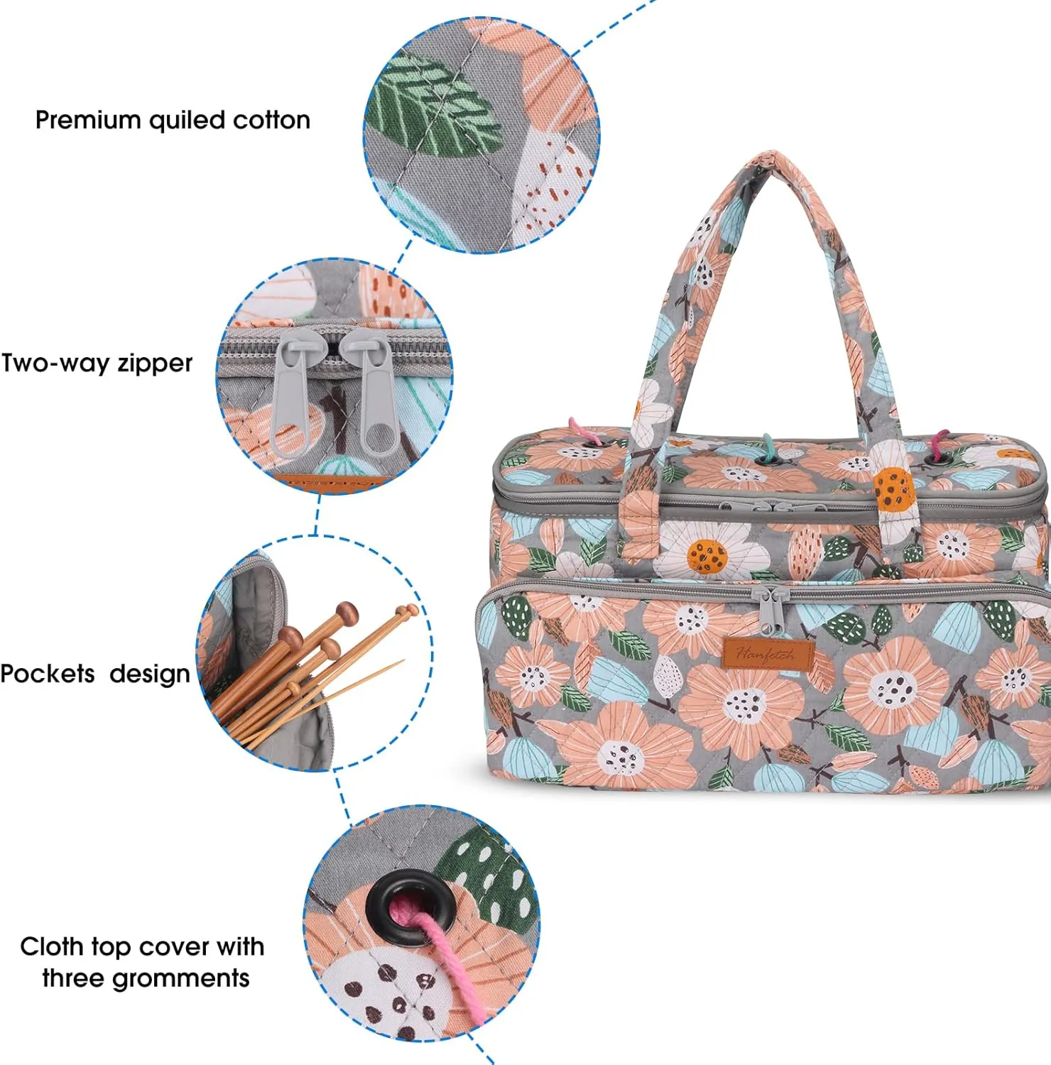 Yarn Bag-Large Size-Yarn Storage Organizer with Grommets-Portable Crochet Bag for Yarn Skeins-Crochet Hooks-Knitting Needles -Other Accessories (Flower-Grey)