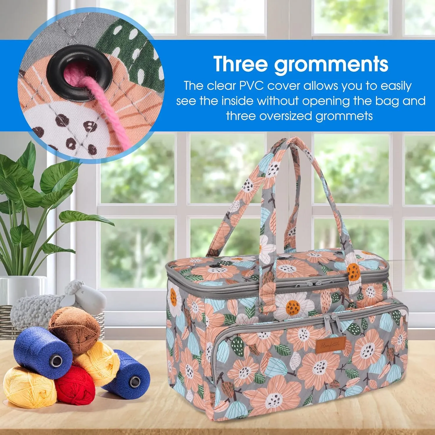Yarn Bag-Large Size-Yarn Storage Organizer with Grommets-Portable Crochet Bag for Yarn Skeins-Crochet Hooks-Knitting Needles -Other Accessories (Flower-Grey)