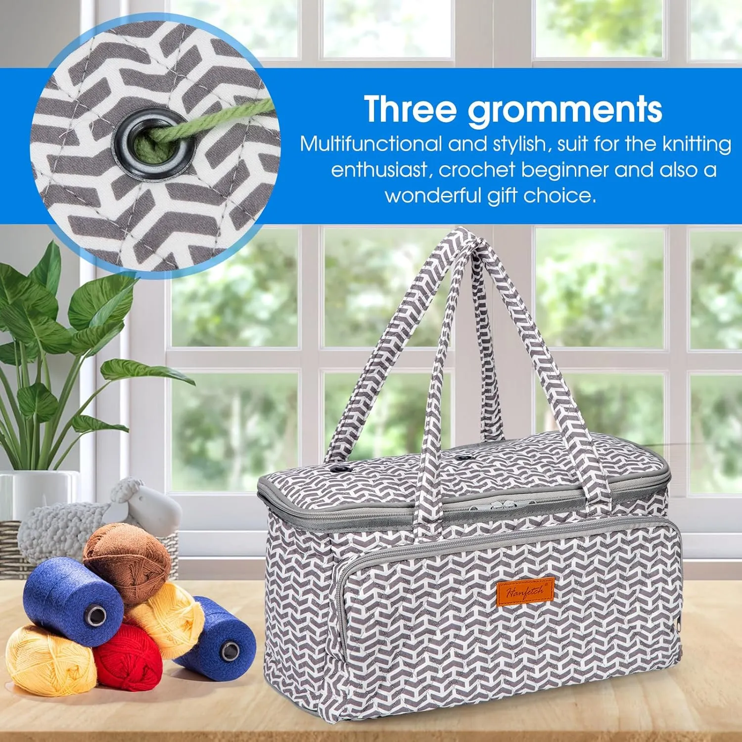 Yarn Bag-Yarn Storage Organizer with Grommets-Portable Crochet Bag for Yarn Skeins-Crochet Hooks-Knitting Needles -Other Accessories (Gray-Arrow)