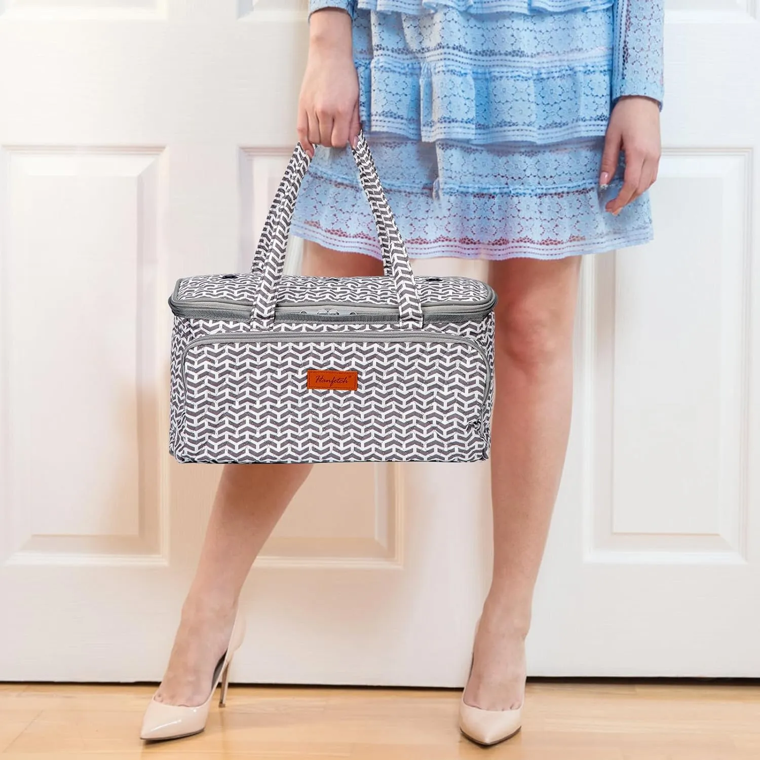 Yarn Bag-Yarn Storage Organizer with Grommets-Portable Crochet Bag for Yarn Skeins-Crochet Hooks-Knitting Needles -Other Accessories (Gray-Arrow)