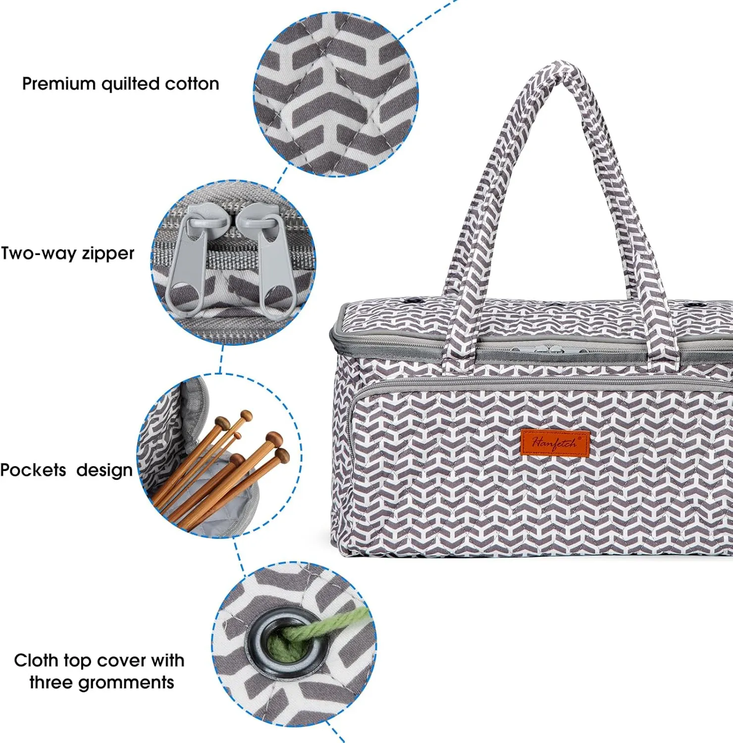 Yarn Bag-Yarn Storage Organizer with Grommets-Portable Crochet Bag for Yarn Skeins-Crochet Hooks-Knitting Needles -Other Accessories (Gray-Arrow)