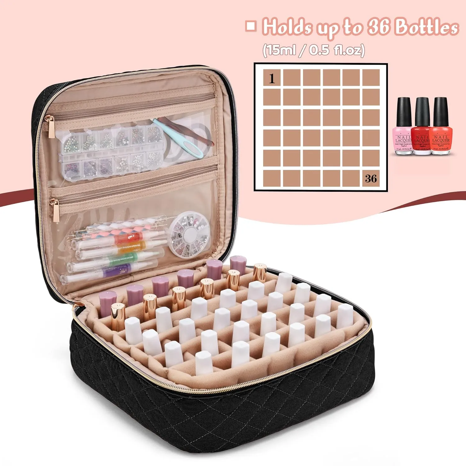 Yarwo Nail Polish Carrying Bag Holds 36 Bottles (15ml/0.5 fl.oz), Travel Storage Organizer for Nail Polish and Manicure Accessories, Black (Bag Only)