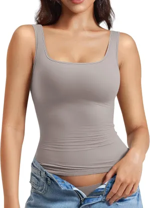 YEOREO Women's Square Neck Tank Top Crisssy Double Lined Slim Fit Sleeveless Workout Gym T Shirts Casual Basic Top