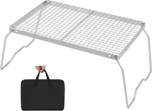 YETO Portable Folding Campfire Grill Over Fire Outdoor Camping Grill Grate with Legs， 304 Stainless Steel Grate with Carrying Bag for Cooking BBQ Picnic Hiking 13.78”x 9.25”