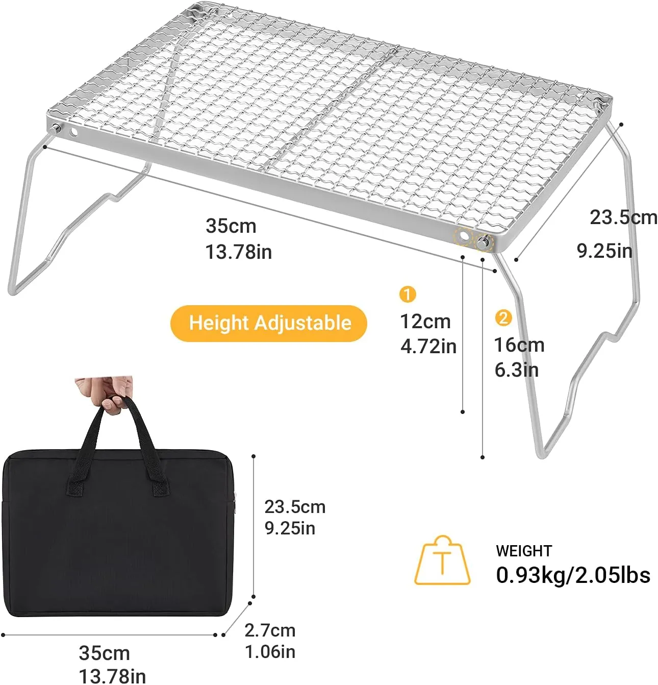 YETO Portable Folding Campfire Grill Over Fire Outdoor Camping Grill Grate with Legs， 304 Stainless Steel Grate with Carrying Bag for Cooking BBQ Picnic Hiking 13.78”x 9.25”