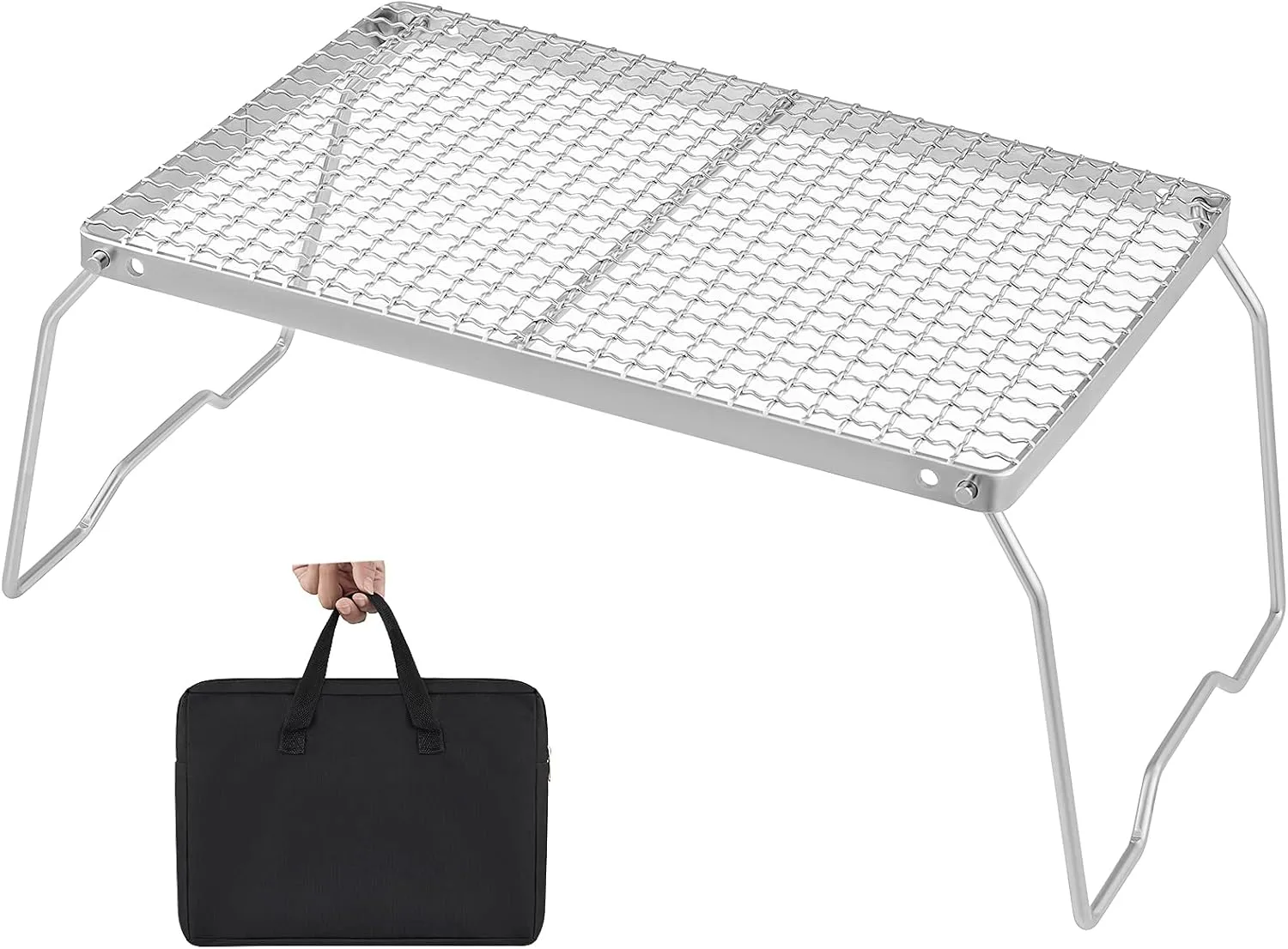 YETO Portable Folding Campfire Grill Over Fire Outdoor Camping Grill Grate with Legs， 304 Stainless Steel Grate with Carrying Bag for Cooking BBQ Picnic Hiking 13.78”x 9.25”