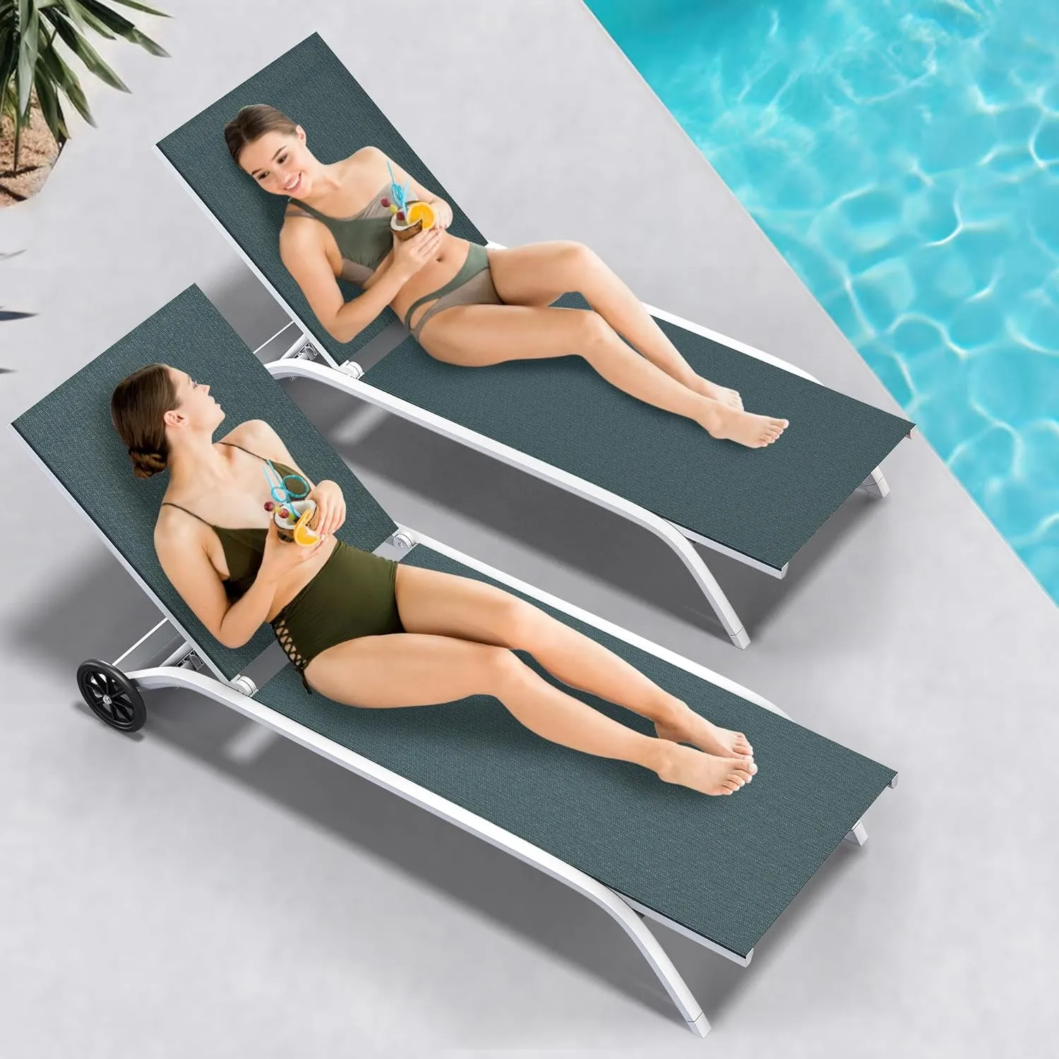 YITAHOME Aluminum Chaise Lounge Outdoor, Widened Patio Lounge Chair with Wheels, 5-Position Adjustable Sunbathing Recliner for Poolside, Backyard, Lawn (Dark Green)