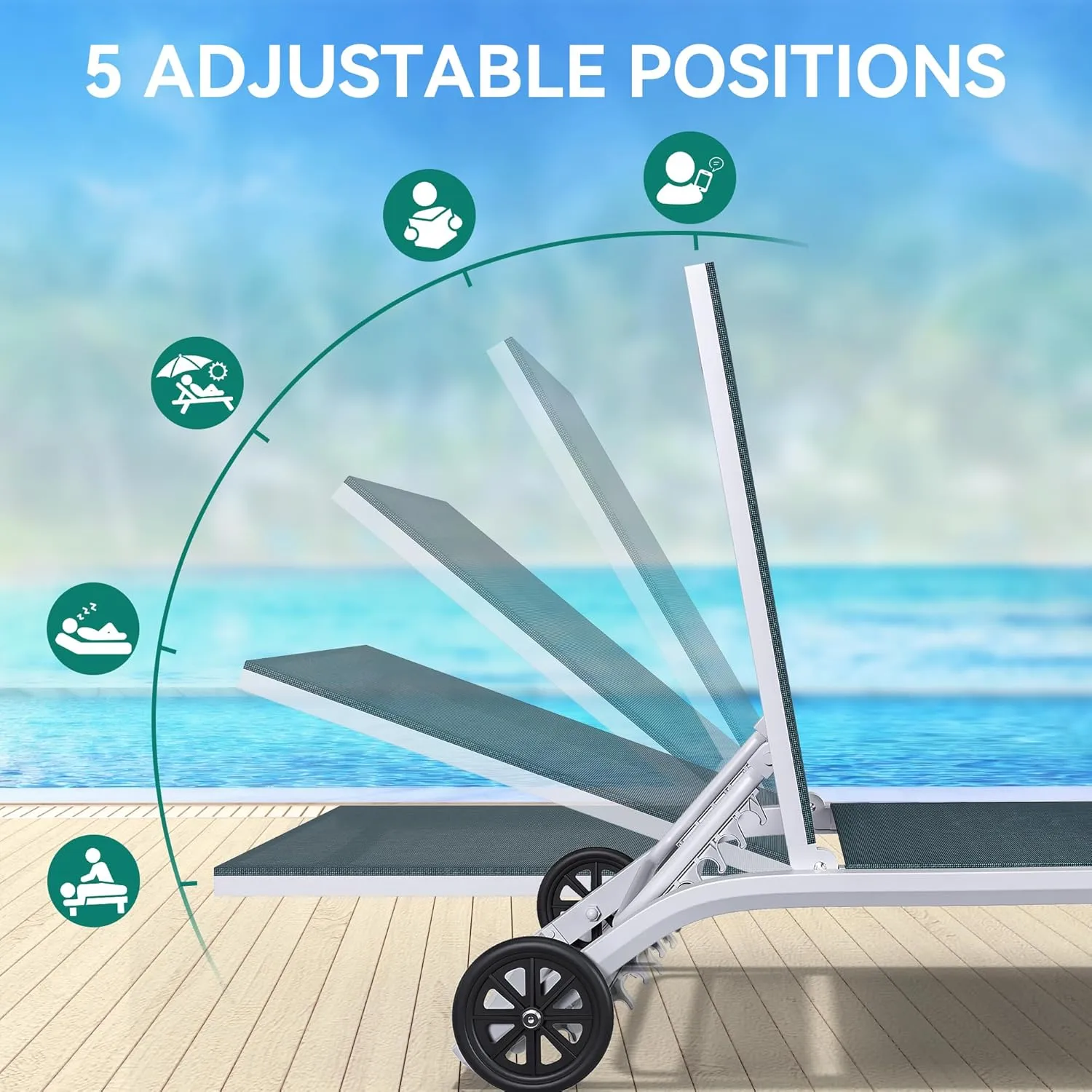 YITAHOME Aluminum Chaise Lounge Outdoor, Widened Patio Lounge Chair with Wheels, 5-Position Adjustable Sunbathing Recliner for Poolside, Backyard, Lawn (Dark Green)