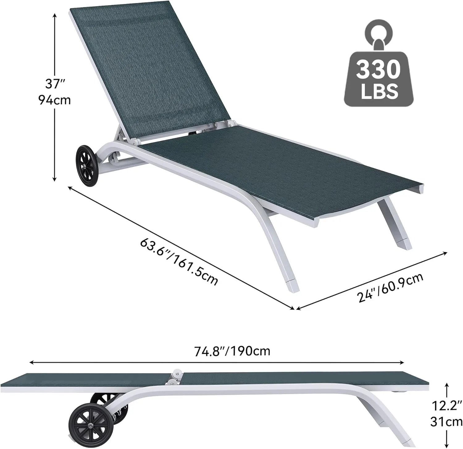 YITAHOME Aluminum Chaise Lounge Outdoor, Widened Patio Lounge Chair with Wheels, 5-Position Adjustable Sunbathing Recliner for Poolside, Backyard, Lawn (Dark Green)