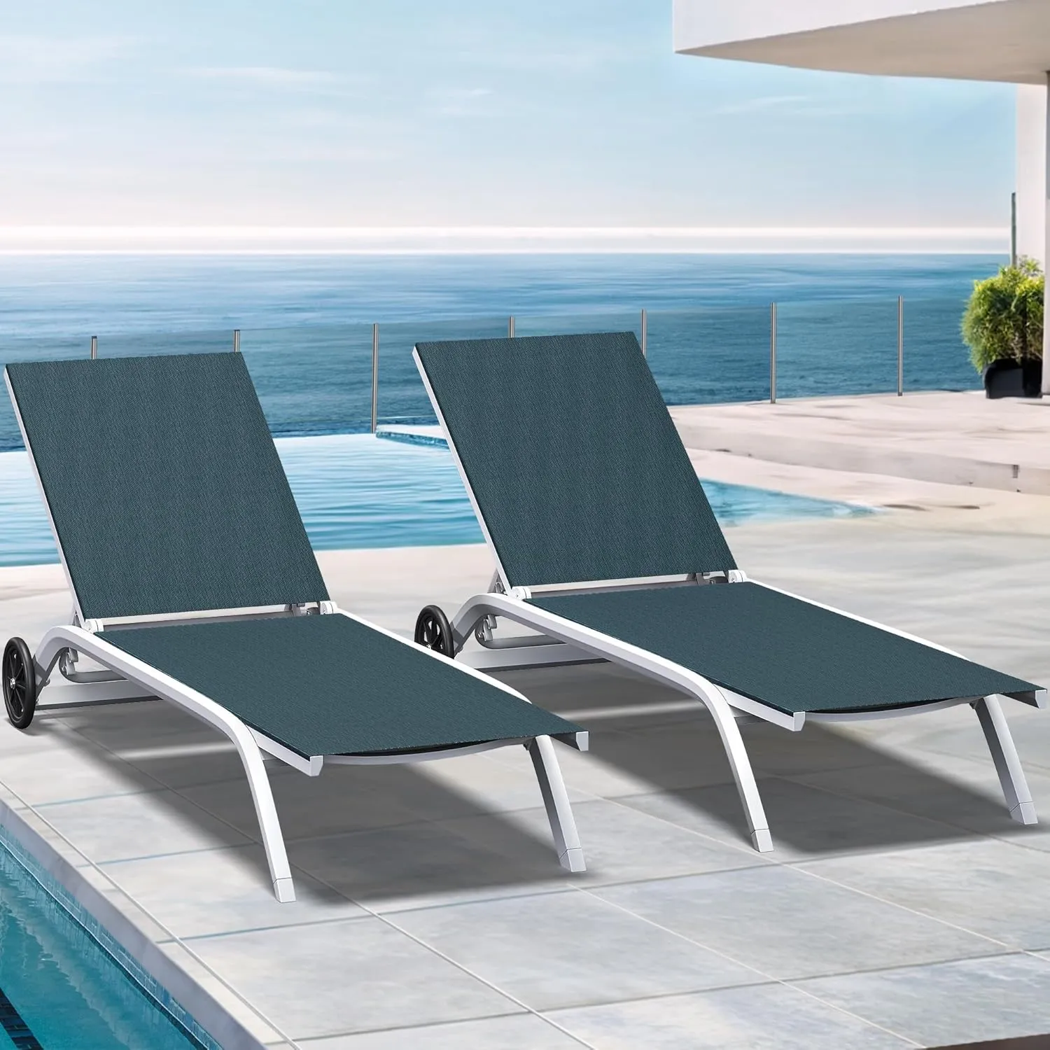 YITAHOME Aluminum Chaise Lounge Outdoor, Widened Patio Lounge Chair with Wheels, 5-Position Adjustable Sunbathing Recliner for Poolside, Backyard, Lawn (Dark Green)