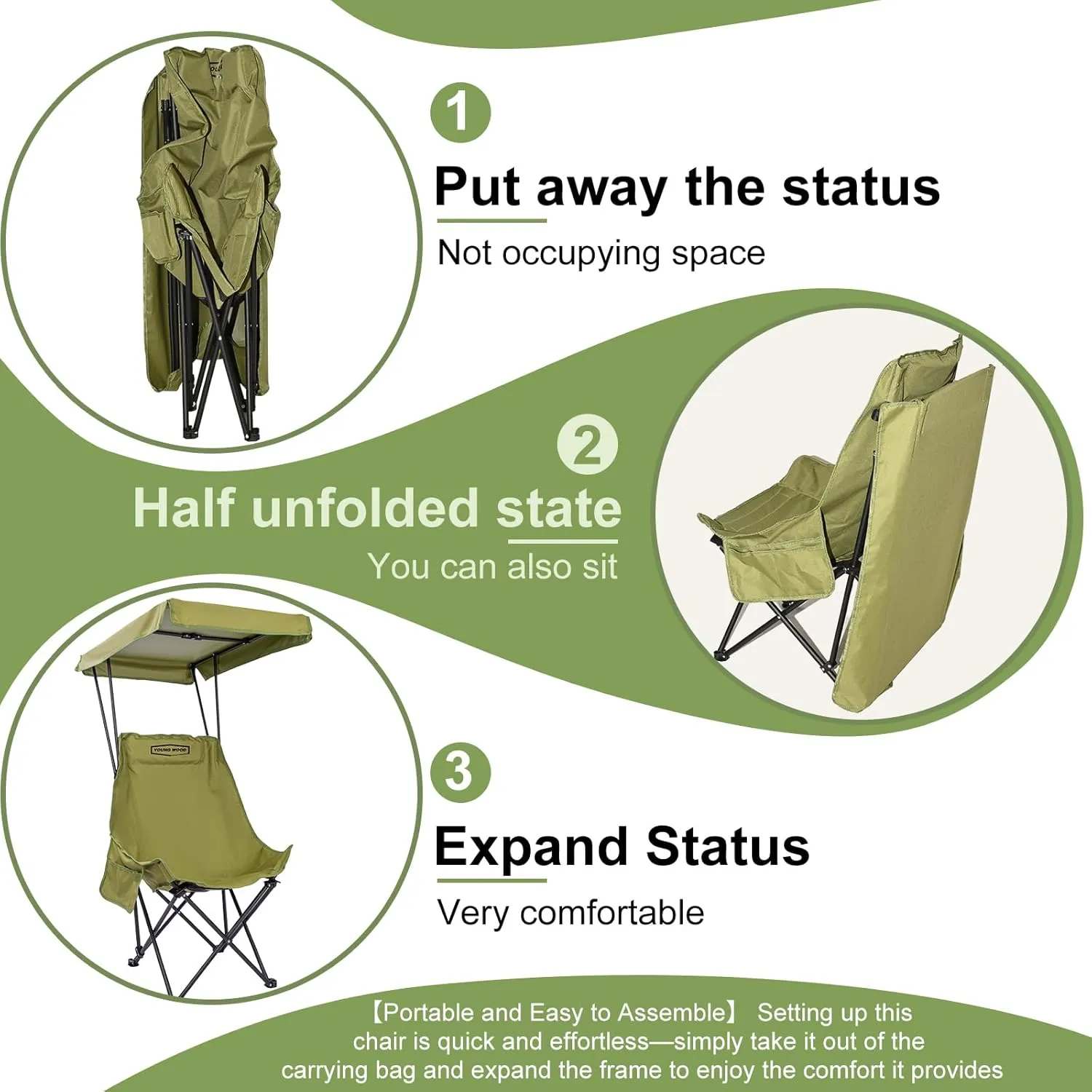 YOUNG WOOD Portable Camping Chair Beach Chair with Shade Canopy, Fold Lightweight Oversized for All, Easy to Open and Close Without Installation, Side Pocket Design for All Outdoor Activities, Green