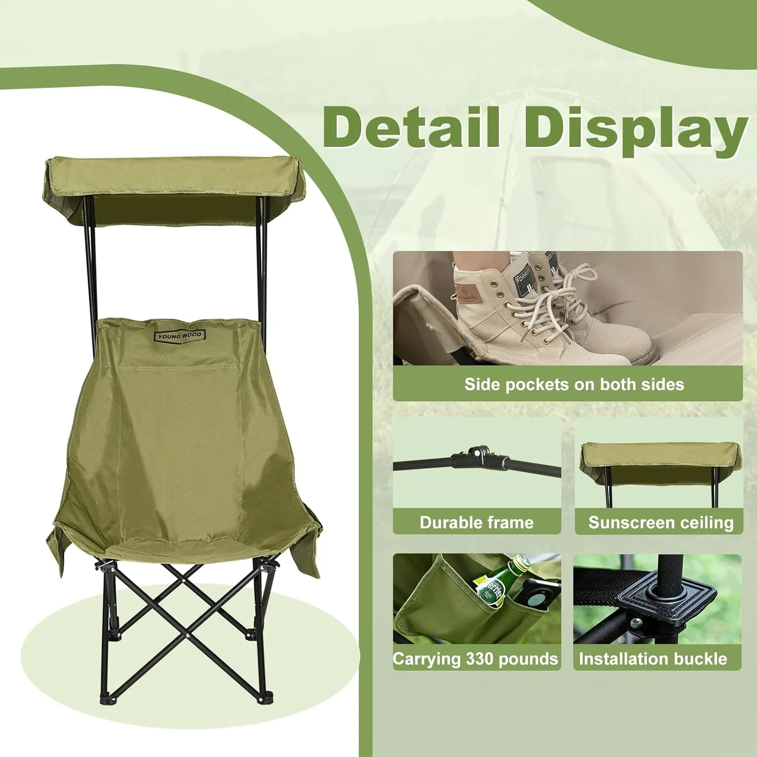 YOUNG WOOD Portable Camping Chair Beach Chair with Shade Canopy, Fold Lightweight Oversized for All, Easy to Open and Close Without Installation, Side Pocket Design for All Outdoor Activities, Green