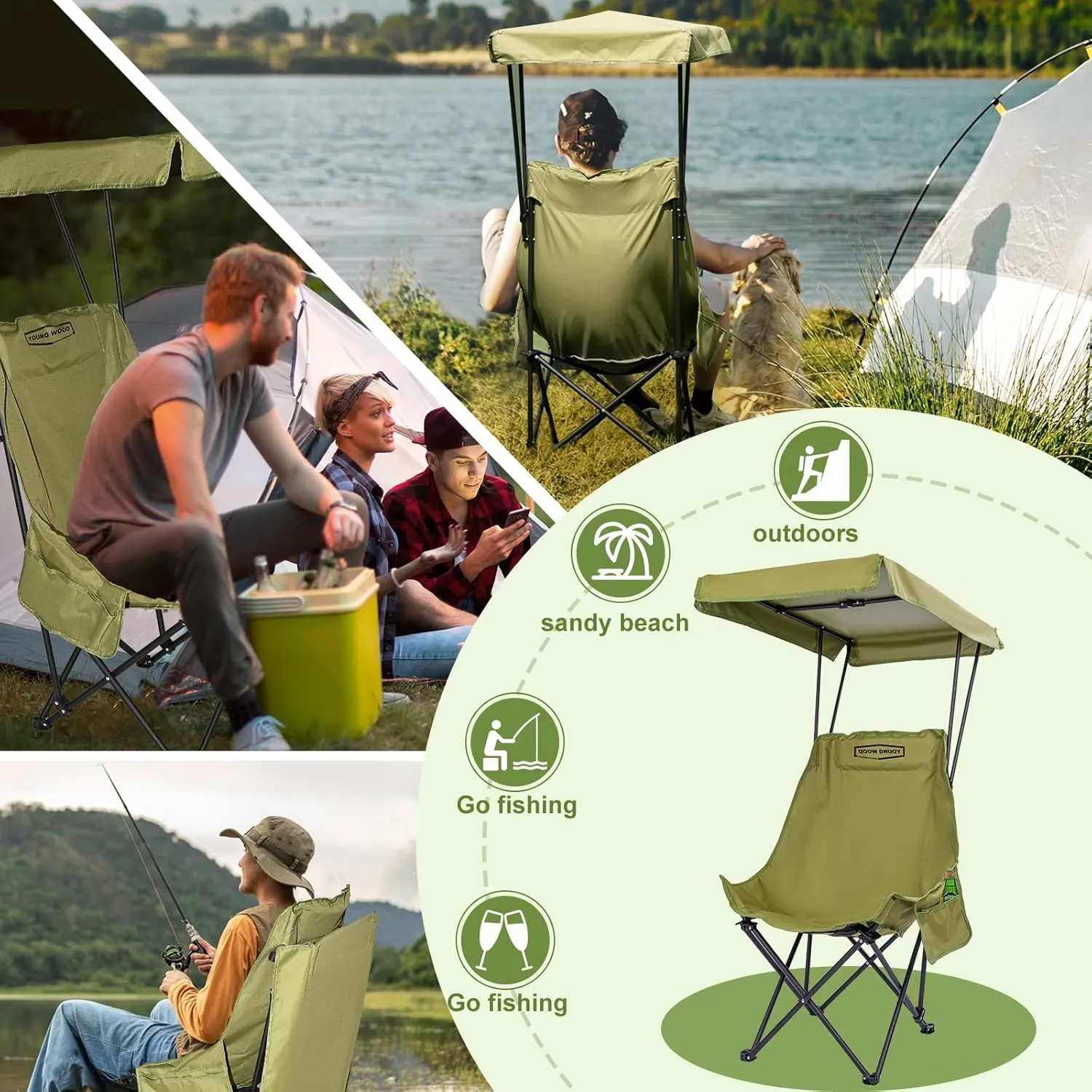 YOUNG WOOD Portable Camping Chair Beach Chair with Shade Canopy, Fold Lightweight Oversized for All, Easy to Open and Close Without Installation, Side Pocket Design for All Outdoor Activities, Green