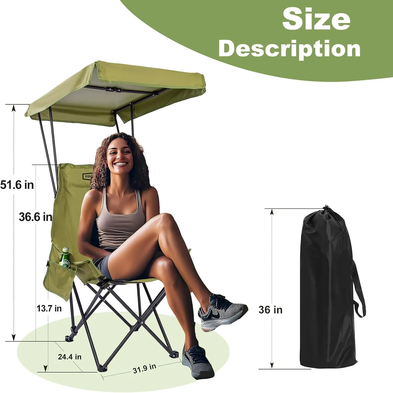 YOUNG WOOD Portable Camping Chair Beach Chair with Shade Canopy, Fold Lightweight Oversized for All, Easy to Open and Close Without Installation, Side Pocket Design for All Outdoor Activities, Green