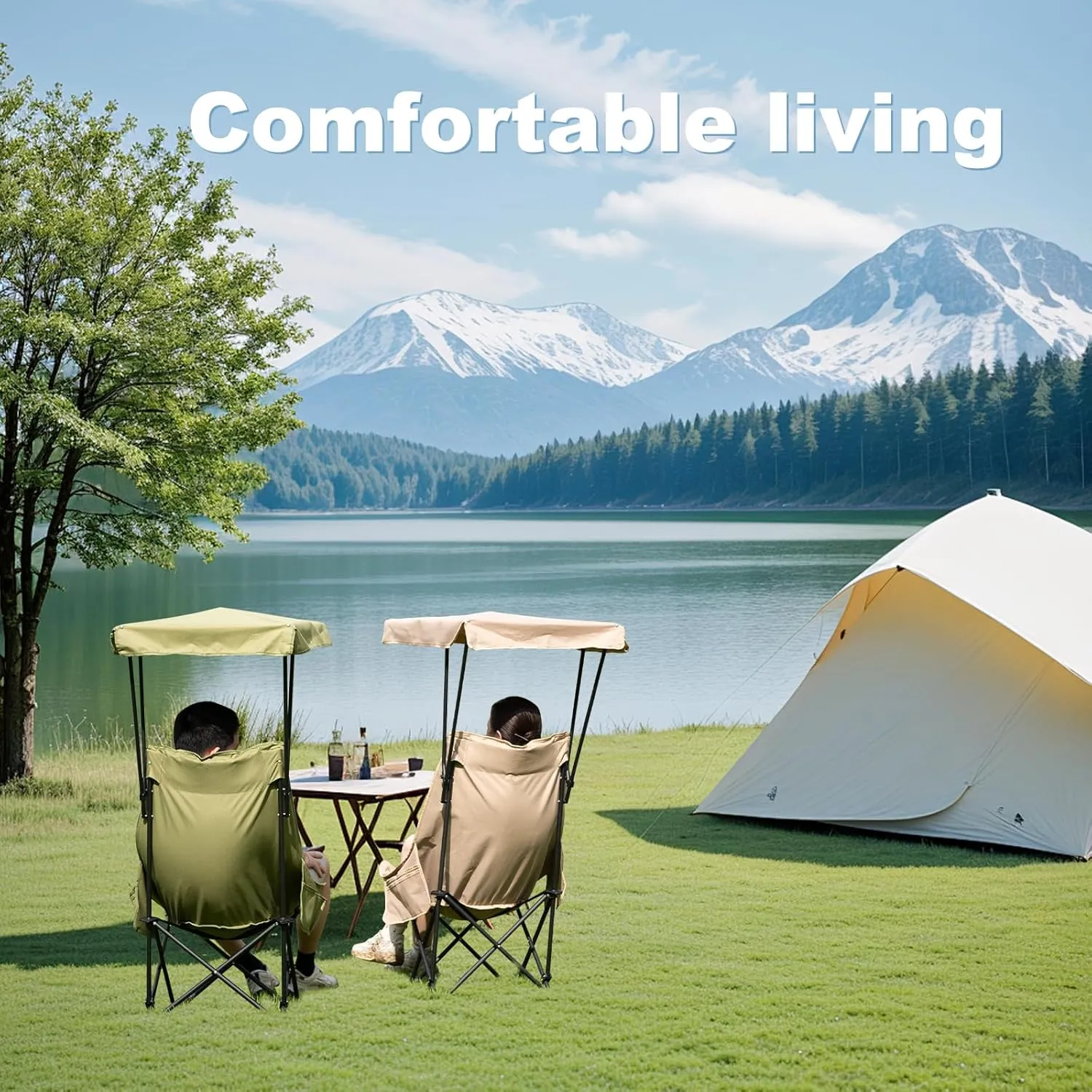 YOUNG WOOD Portable Camping Chair Beach Chair with Shade Canopy, Fold Lightweight Oversized for All, Easy to Open and Close Without Installation, Side Pocket Design for All Outdoor Activities, Green