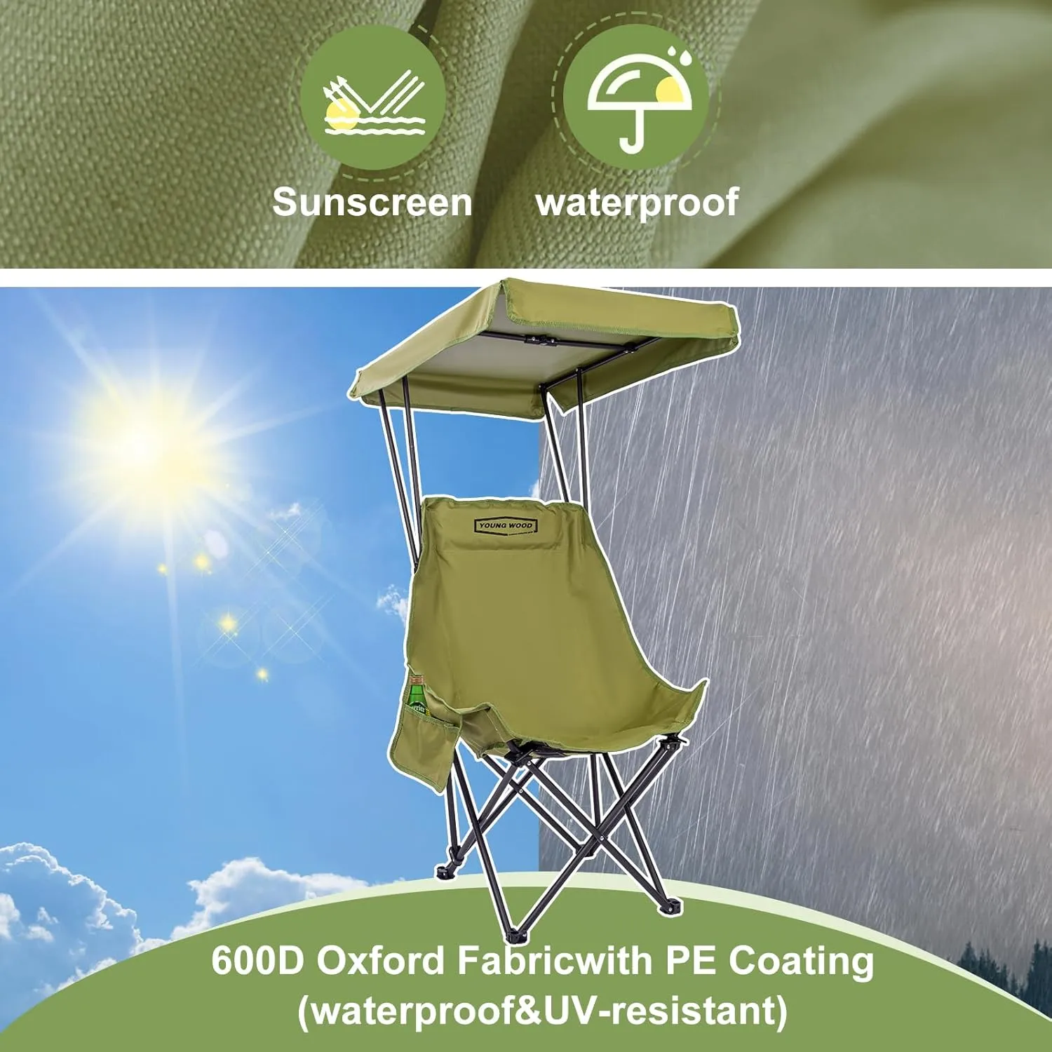 YOUNG WOOD Portable Camping Chair Beach Chair with Shade Canopy, Fold Lightweight Oversized for All, Easy to Open and Close Without Installation, Side Pocket Design for All Outdoor Activities, Green