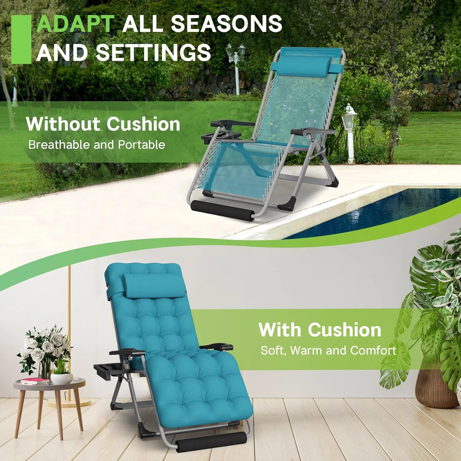 ZENPETIO 29In XL Zero Gravity Chair w/Cushion, Zero Gravity Recliner Lounge Chair for Indoor and Outdoor, Reclining Camping Chair for Lawn, Anti Gravity Chair with Cup Holder and Footrest, 440LBS