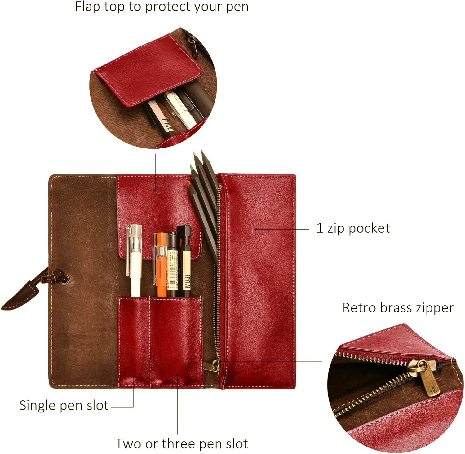 ZLYC Handmade Leather Pencil Case Soft Roll Bag Stationery Gift for Student