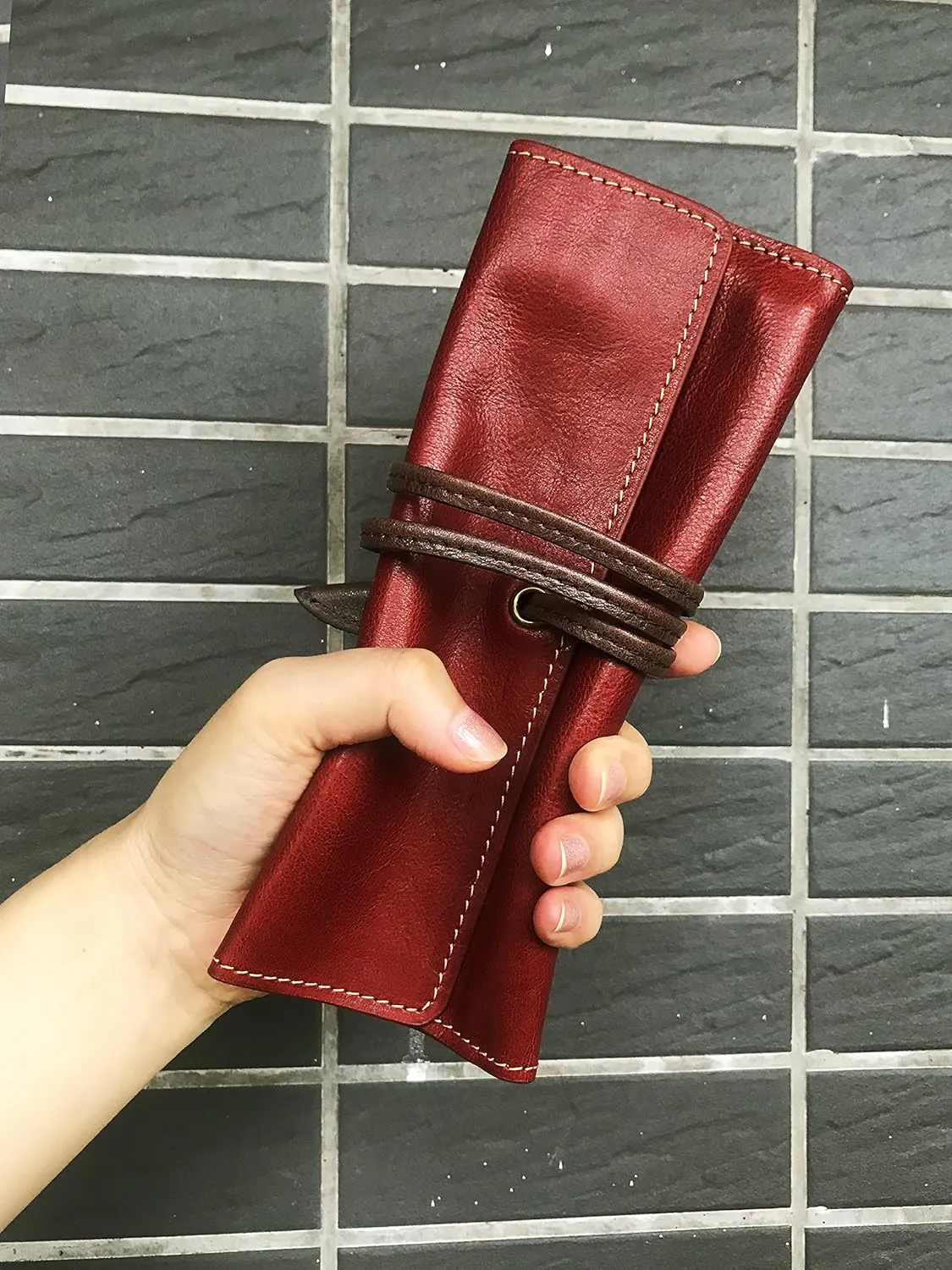 ZLYC Handmade Leather Pencil Case Soft Roll Bag Stationery Gift for Student