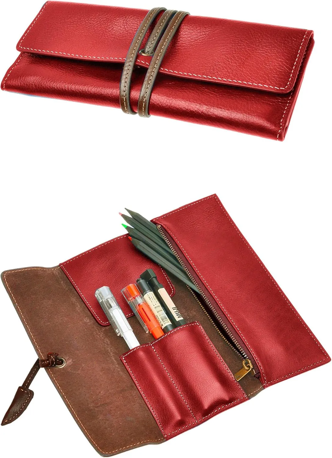 ZLYC Handmade Leather Pencil Case Soft Roll Bag Stationery Gift for Student
